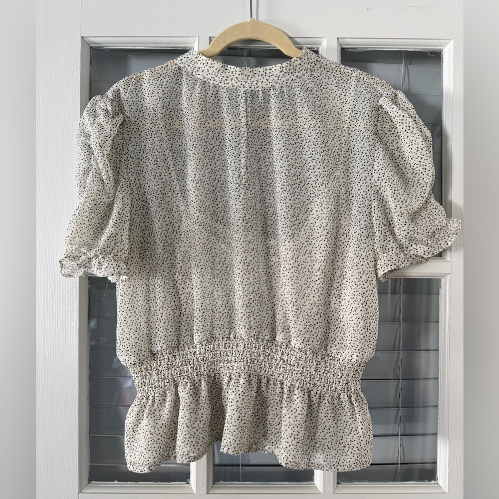 Wayf Women’s L Creamy White W/ Dots Semi Sheer Smock Waist Blouse | SKU 0191